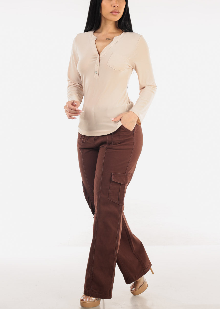 Long Sleeve Henley Blouse Beige