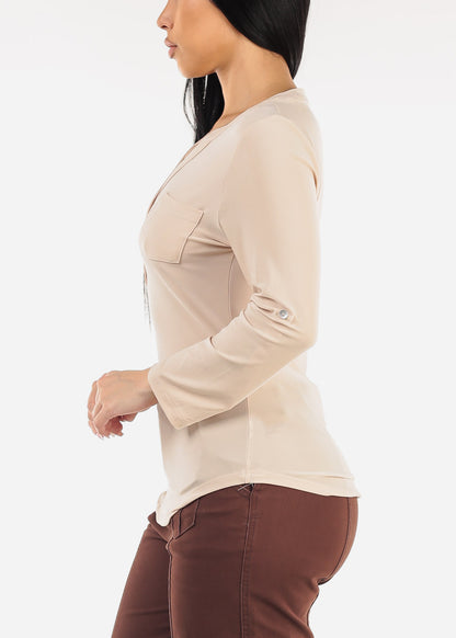 Long Sleeve Henley Blouse Beige