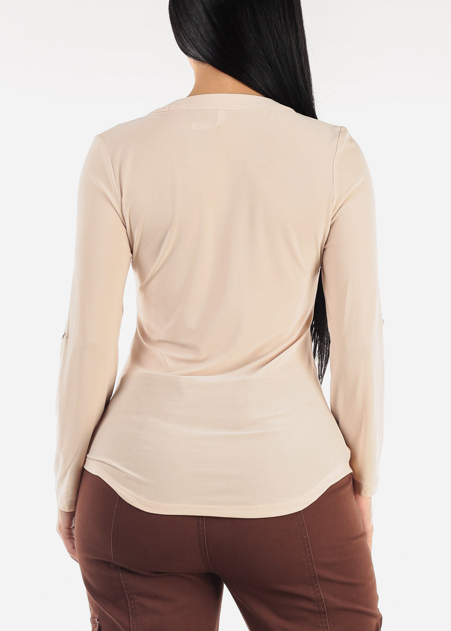 Long Sleeve Henley Blouse Beige