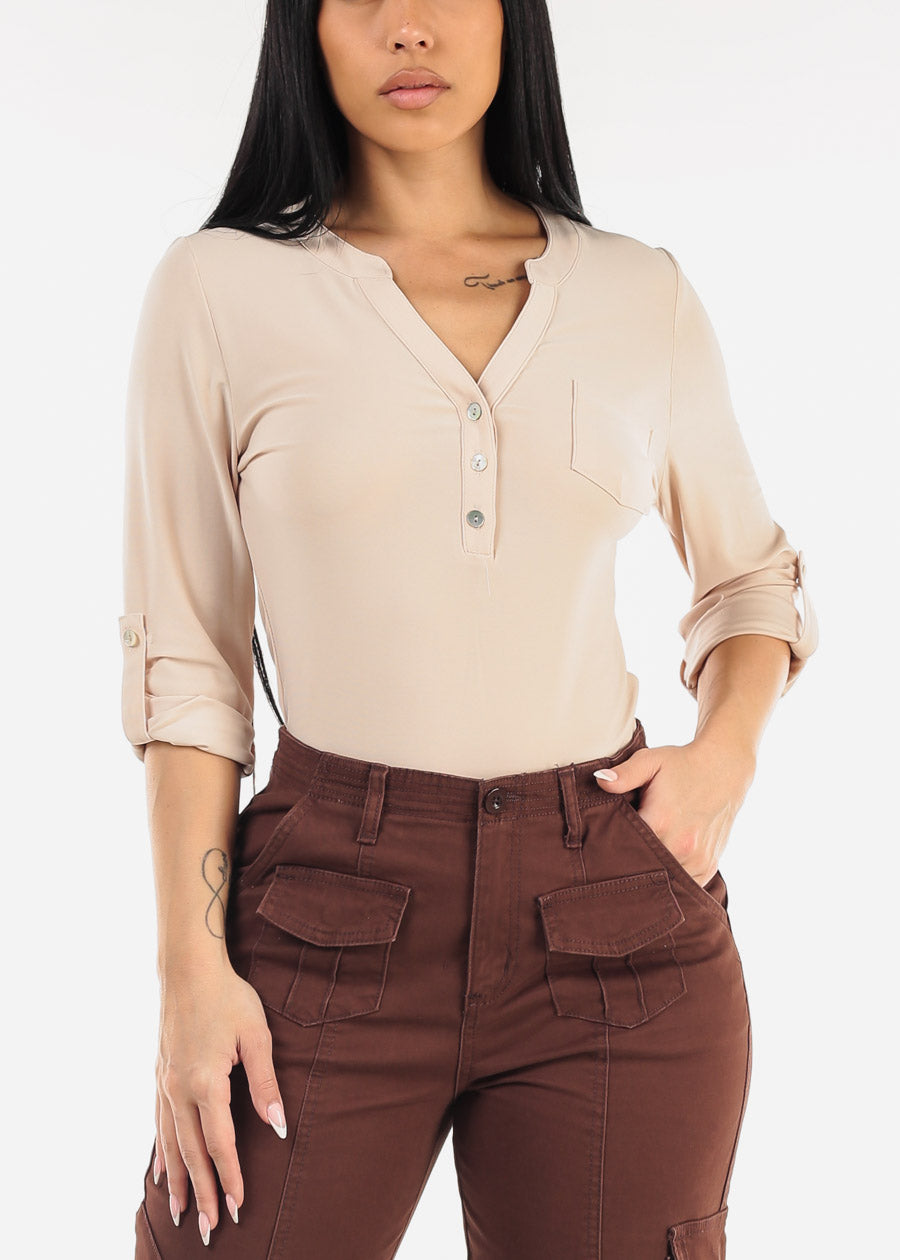 Long Sleeve Henley Blouse Beige