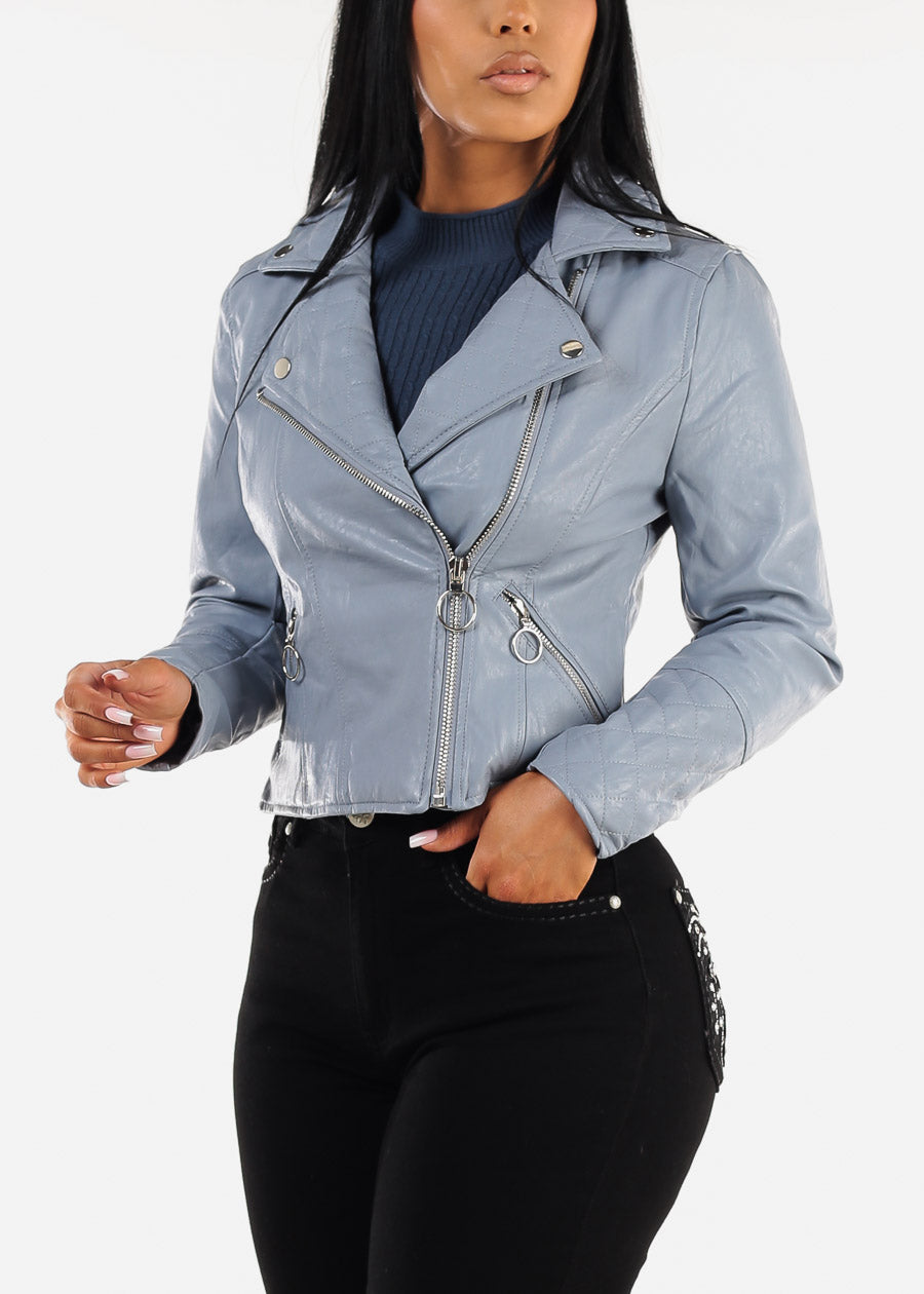 Vegan Leather Zip Up Moto Jacket Dusty Blue