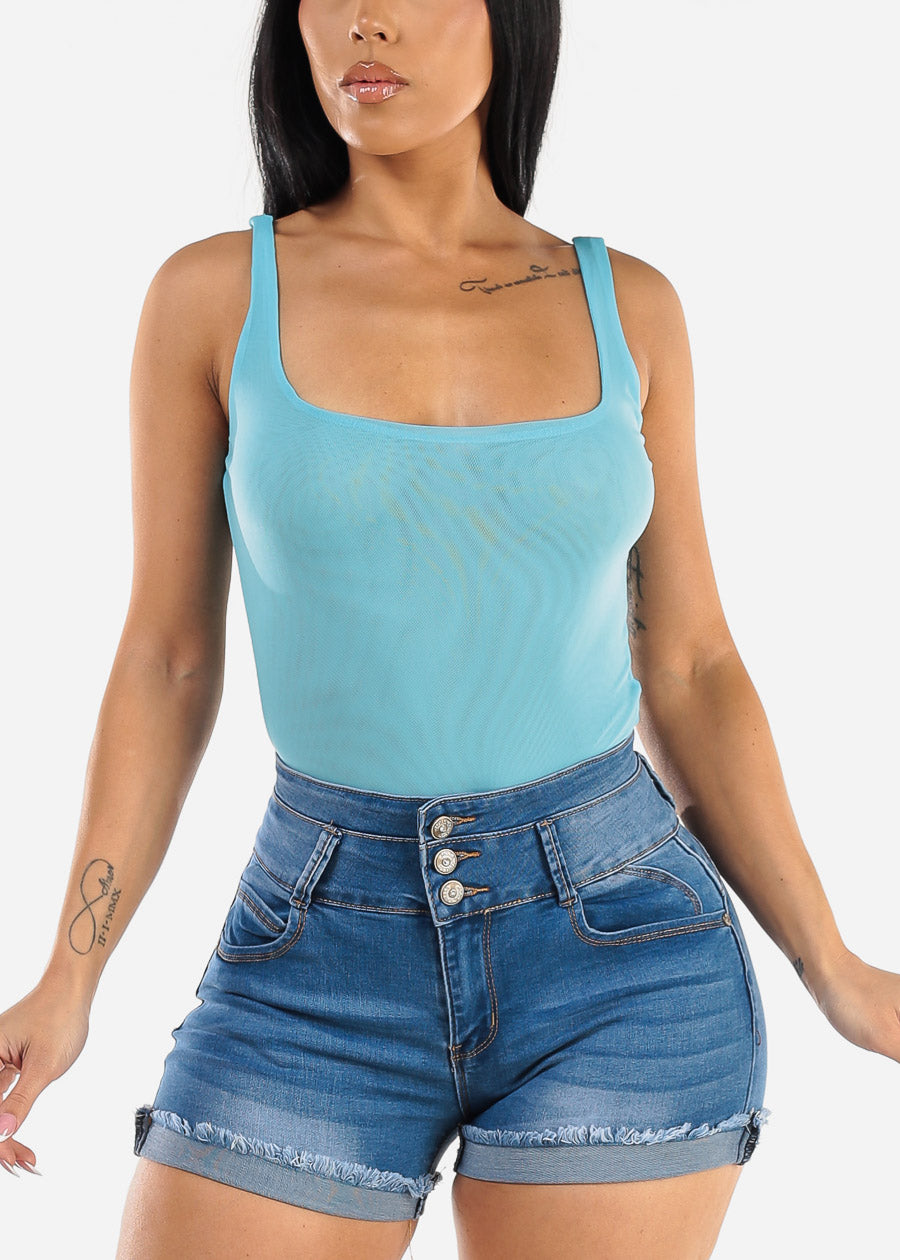 Sleeveless Double Layered Mesh Bodysuit Aqua Blue