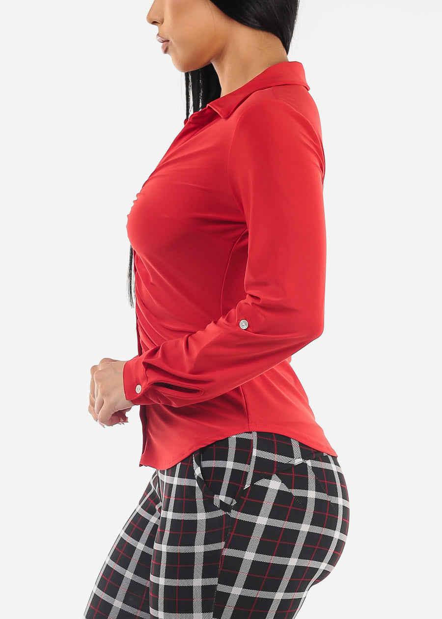 Ruched Button Down Long Sleeve Blouse Red