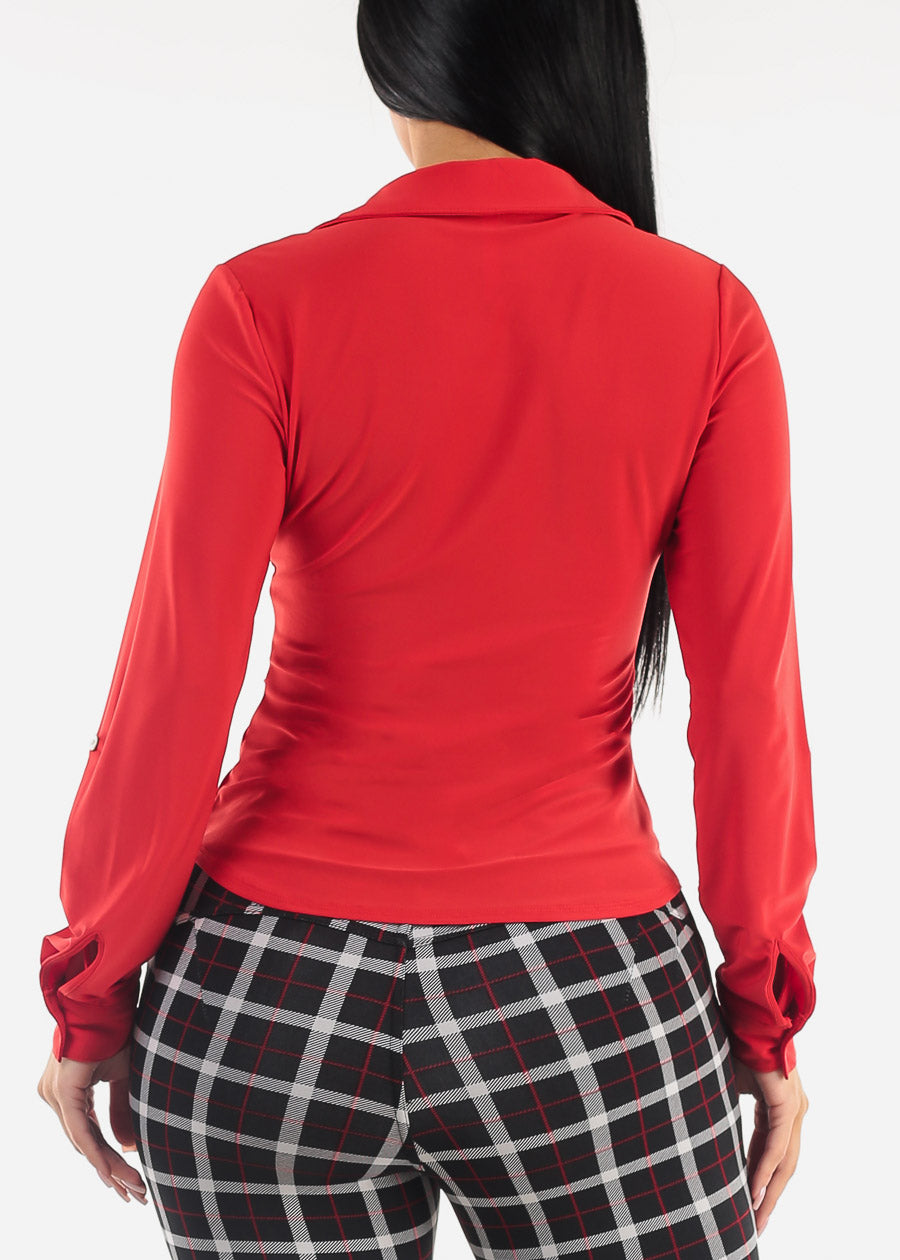 Ruched Button Down Long Sleeve Blouse Red