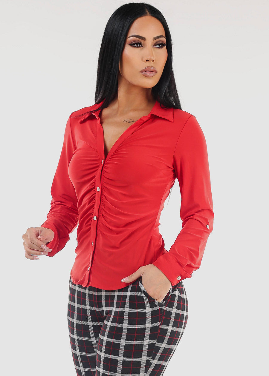 Ruched Button Down Long Sleeve Blouse Red