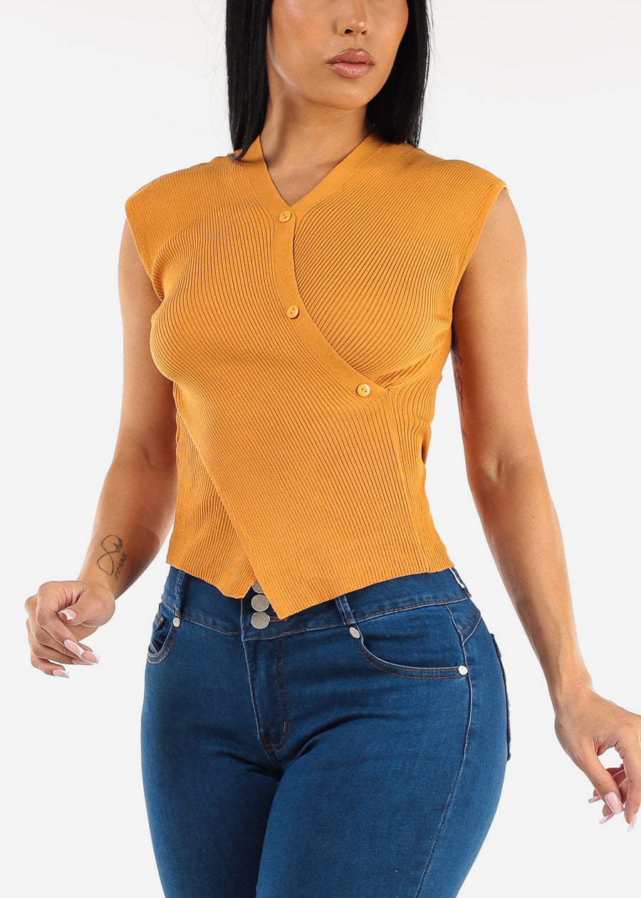 Sleeveless Surplice Knit Sweater Top Mustard