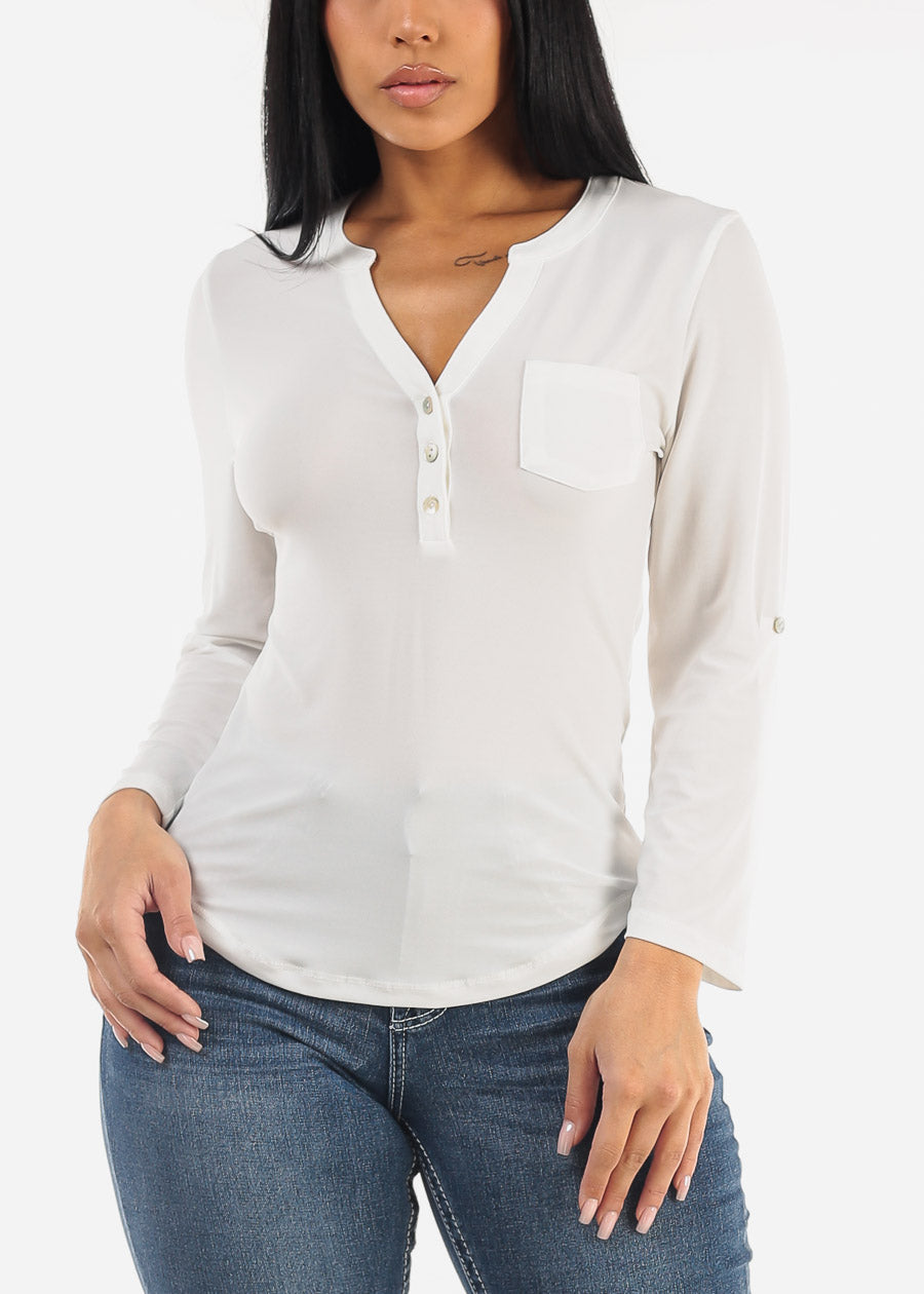 Long Sleeve Henley Blouse White