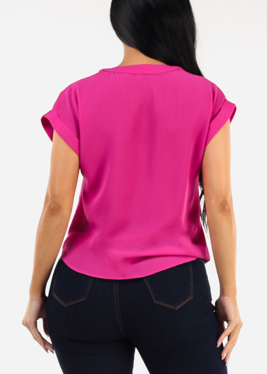 Cuffed Short Sleeve V-neck Blouse Fuchsia