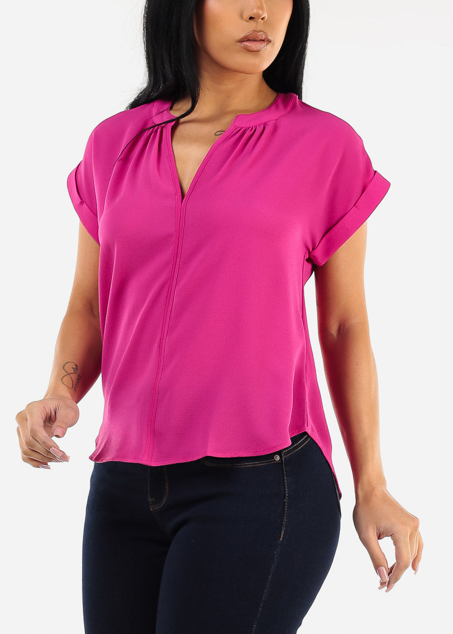 Cuffed Short Sleeve V-neck Blouse Fuchsia