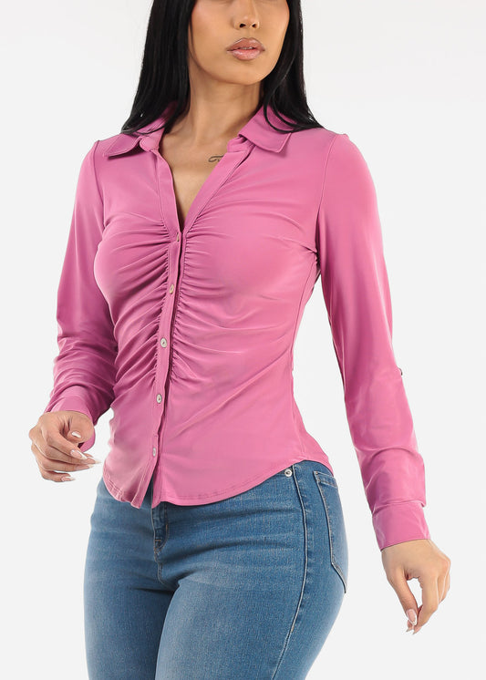 Ruched Button Down Long Sleeve Blouse Pink