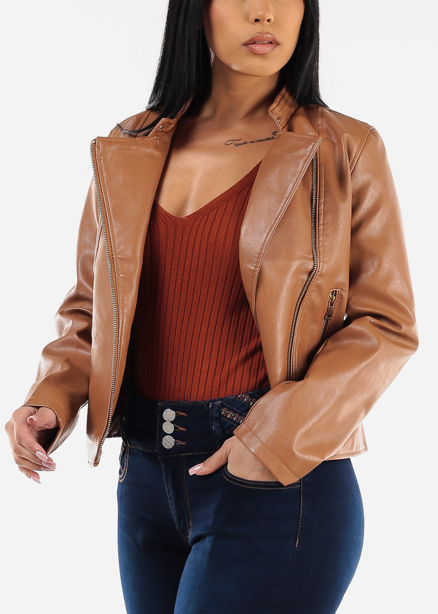 Vegan Leather Zip Up Moto Jacket Camel