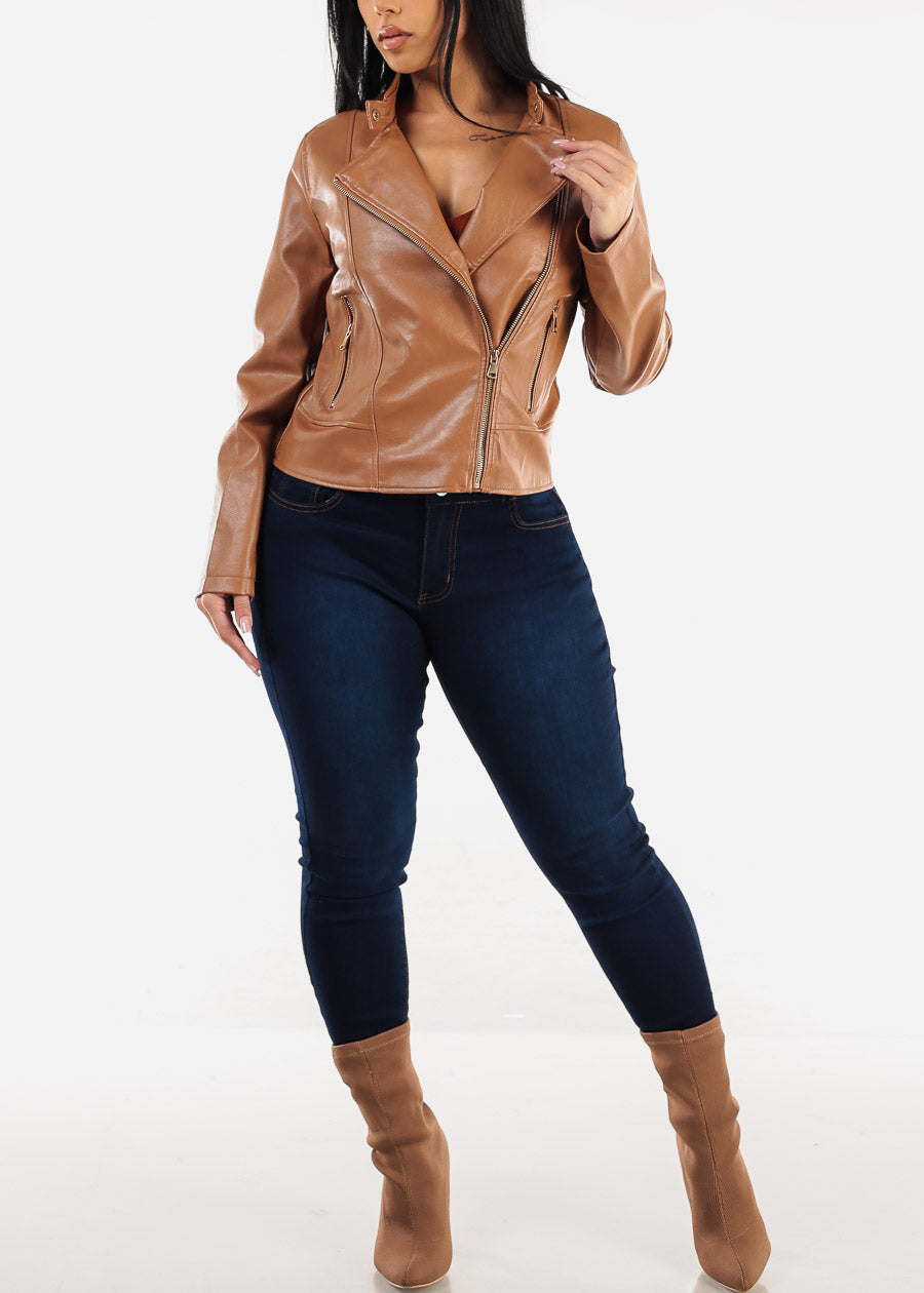 Vegan Leather Zip Up Moto Jacket Camel