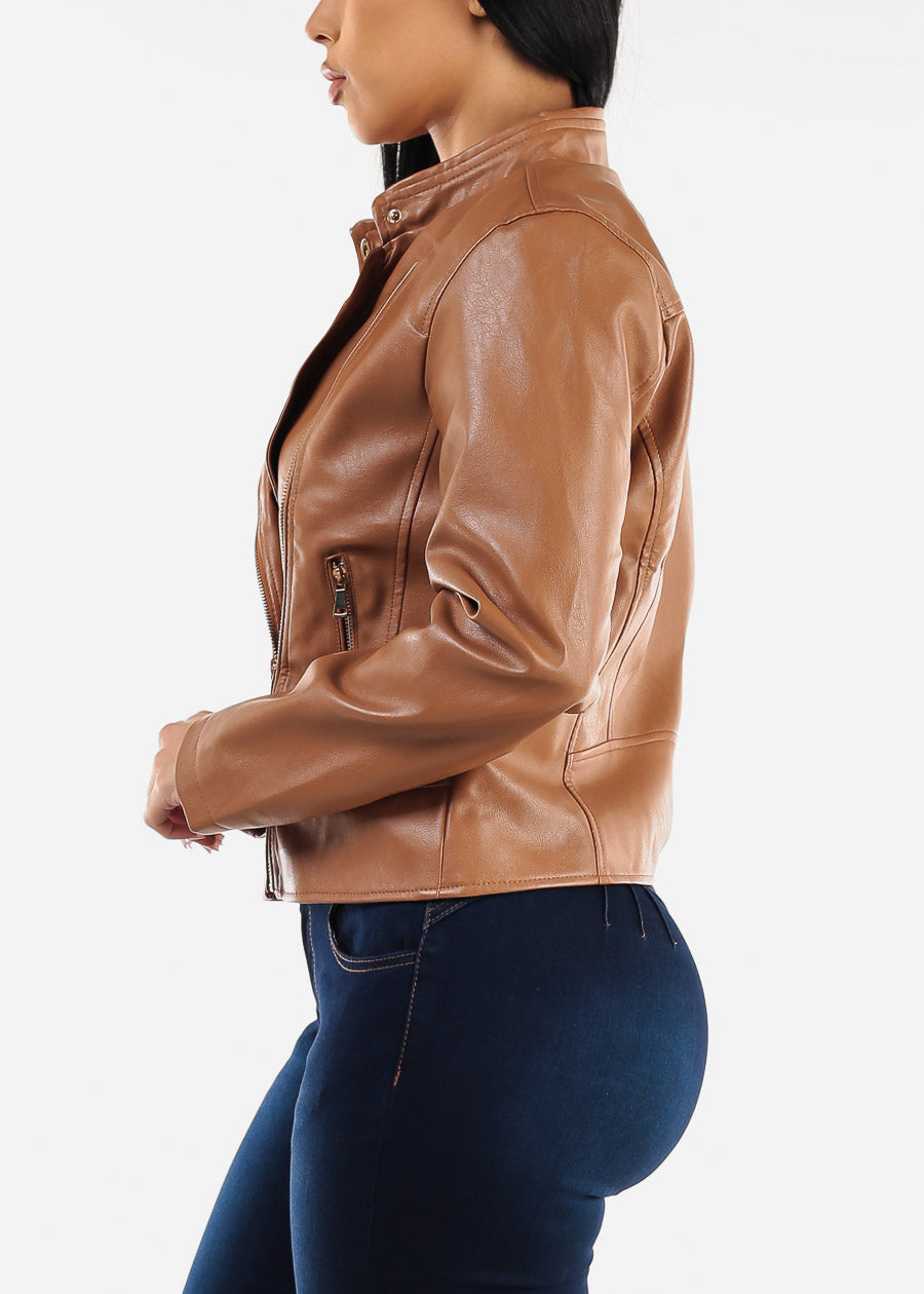 Vegan Leather Zip Up Moto Jacket Camel