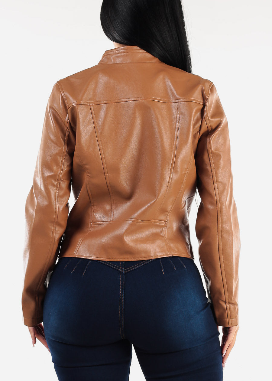 Vegan Leather Zip Up Moto Jacket Camel