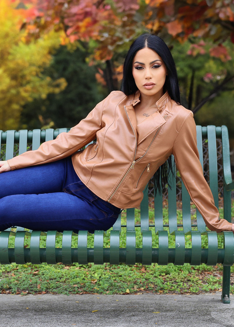 Vegan Leather Zip Up Moto Jacket Camel