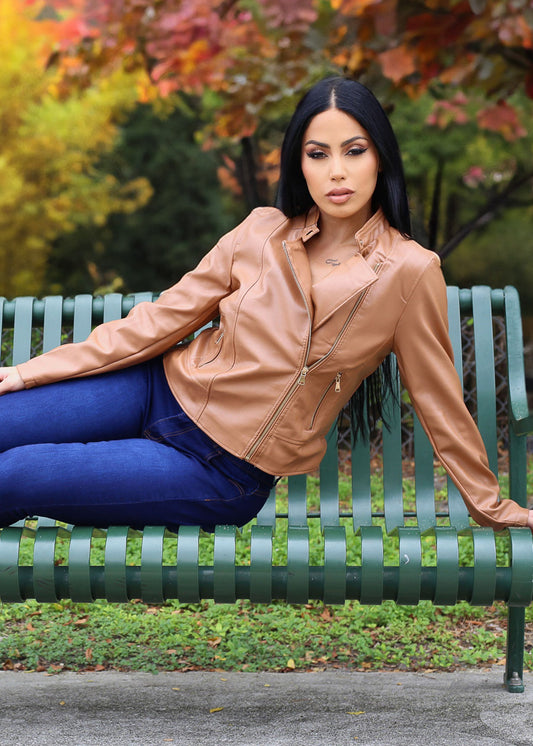 Vegan Leather Zip Up Moto Jacket Camel