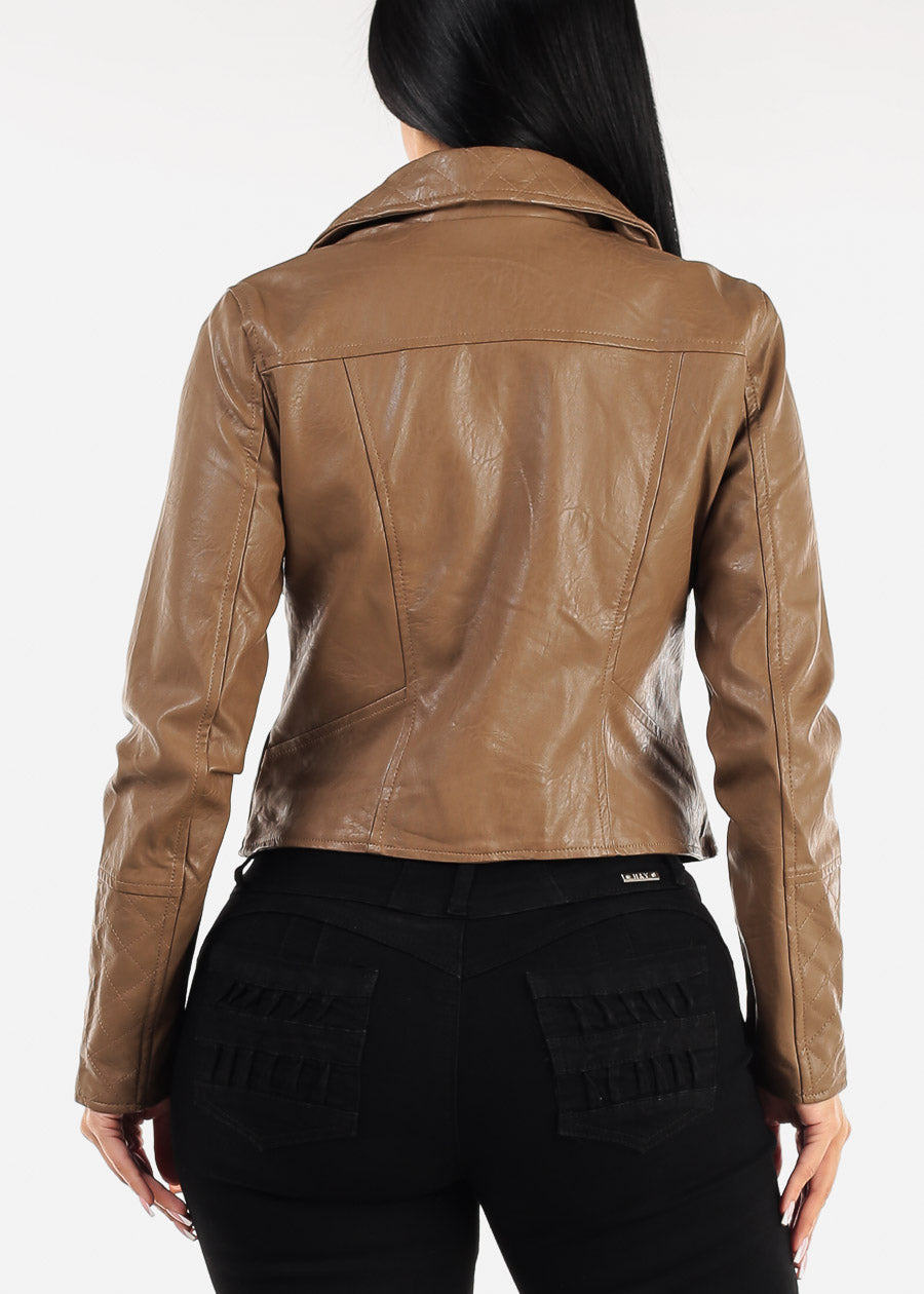 Vegan Leather Zip Up Moto Jacket Brown