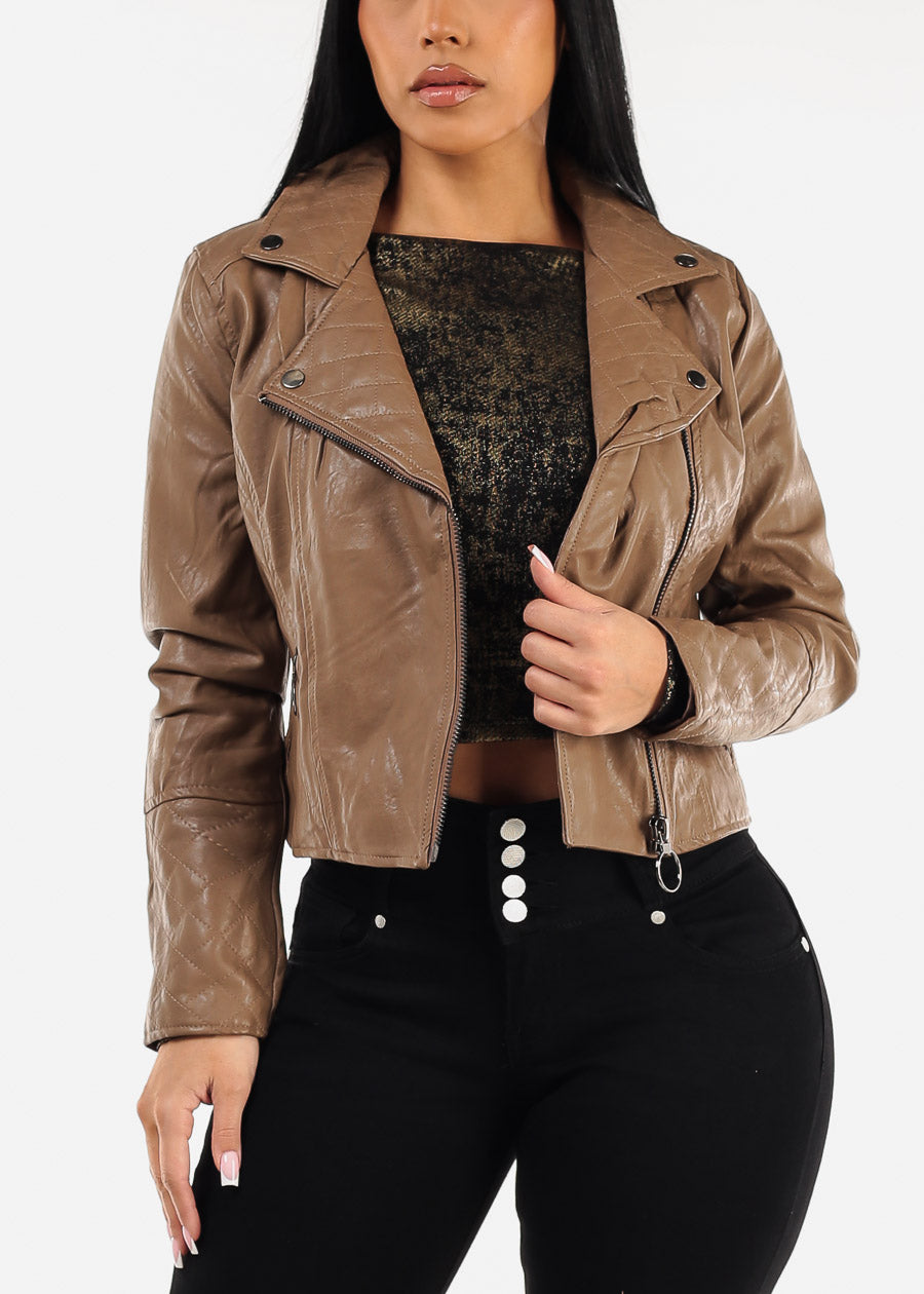 Vegan Leather Zip Up Moto Jacket Brown