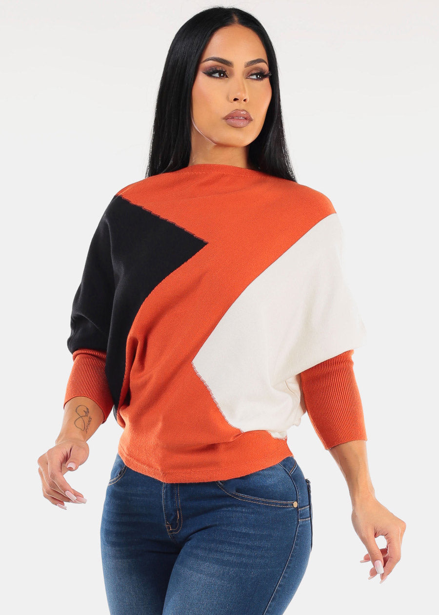 Quarter Sleeve Colorblock Sweater Orange