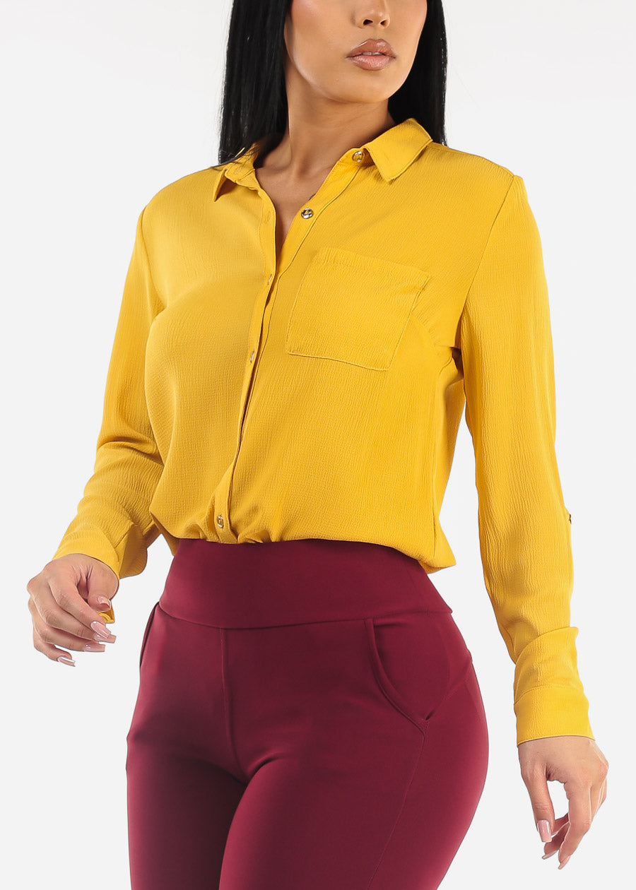 Long Sleeve Button Down Blouse Yellow