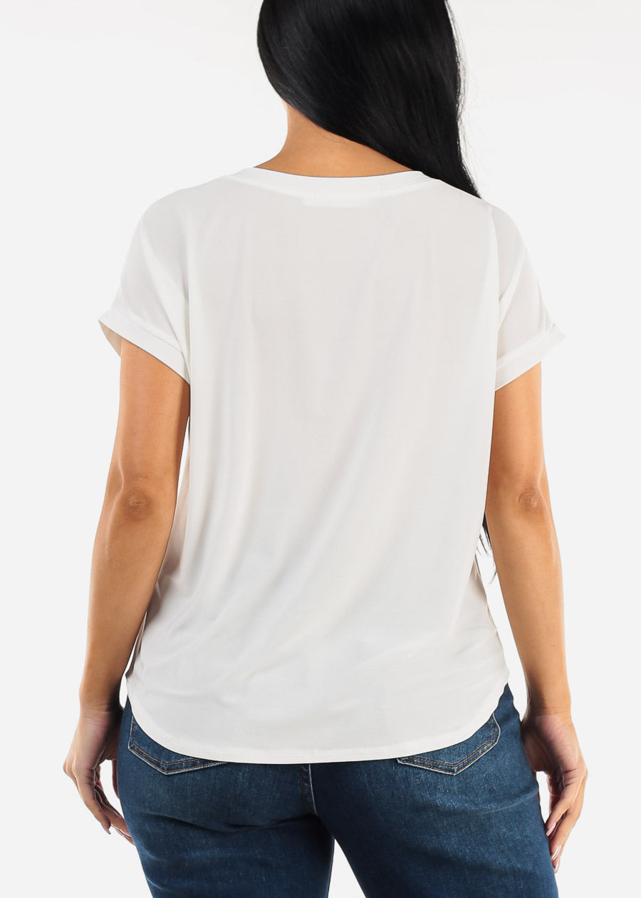 Short Sleeve Round Neck Slinky Blouse Ivory