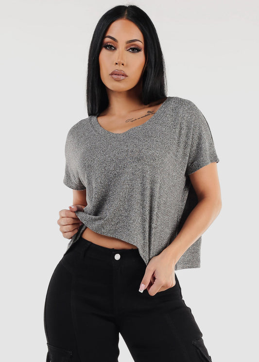 Short Sleeve Vneck Ultra Soft Crop Top Heather Black