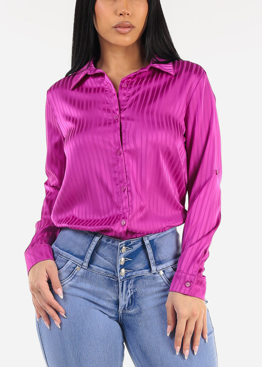 Long Sleeve Button Down Satin Stripe Blouse Purple