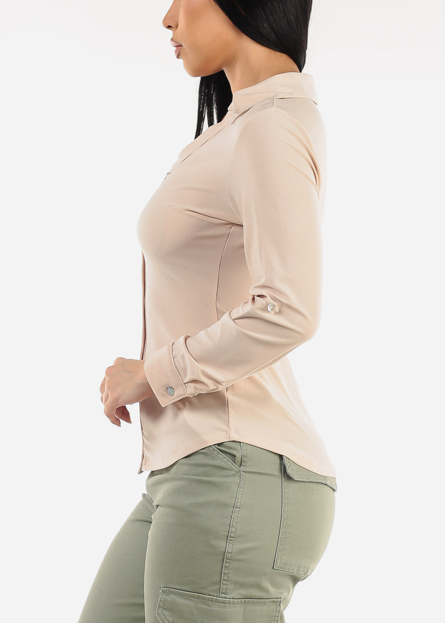 Long Sleeve Henley Blouse Taupe