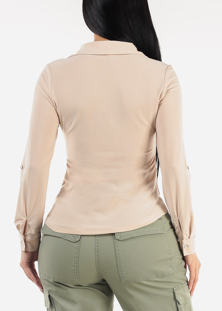 Long Sleeve Henley Blouse Taupe