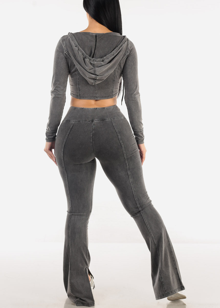 Zip Up Crop Jacket & Flared Pants Black (2 PCE SET)