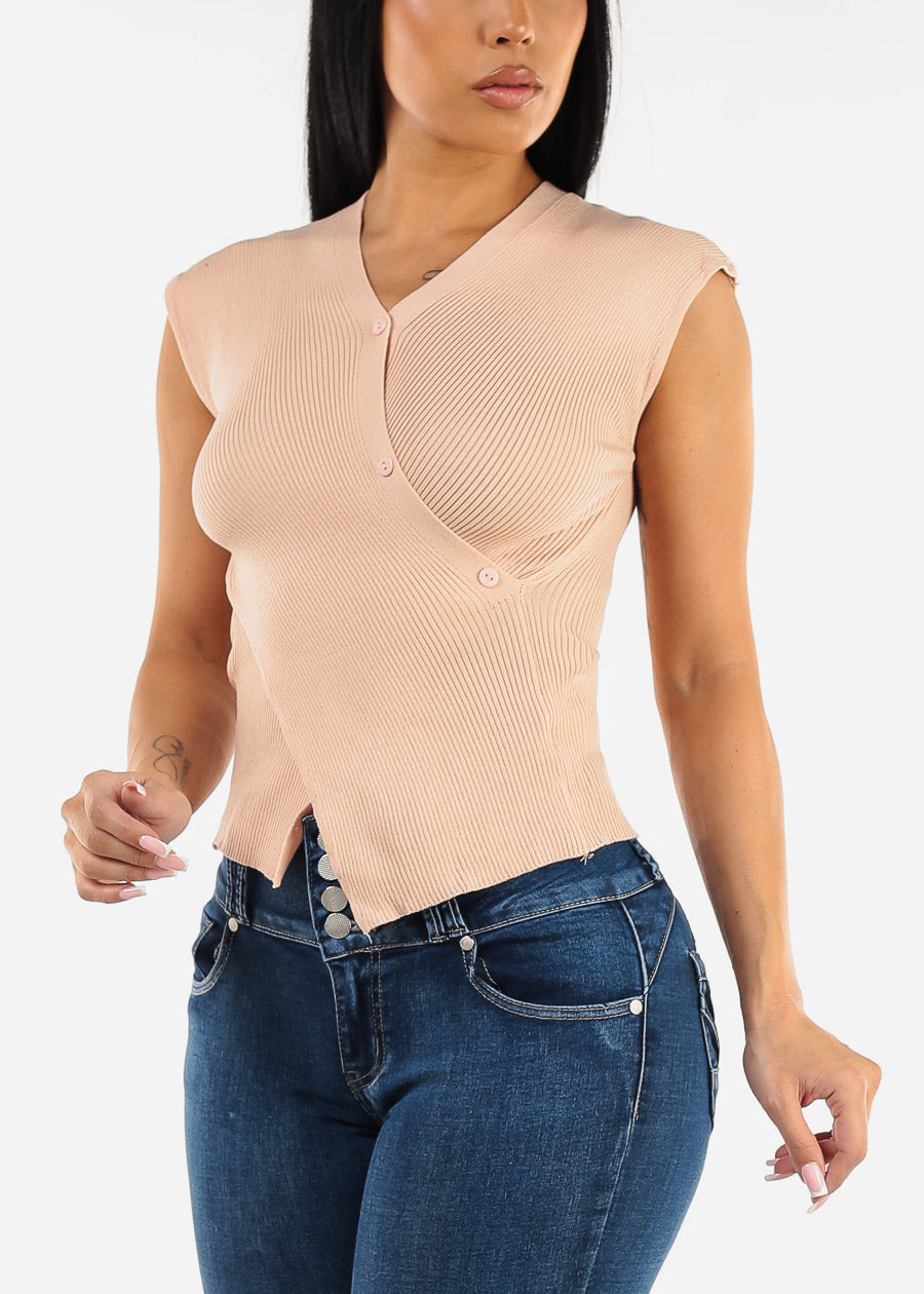 Sleeveless Surplice Knit Sweater Top Light Pink