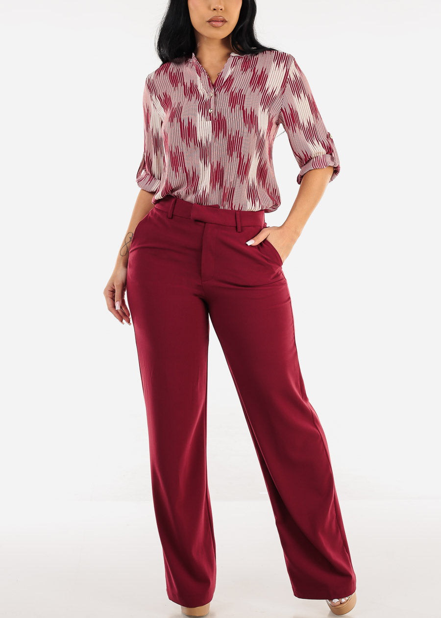 Super High Waist Formal Straight Dress Pants Burgundy