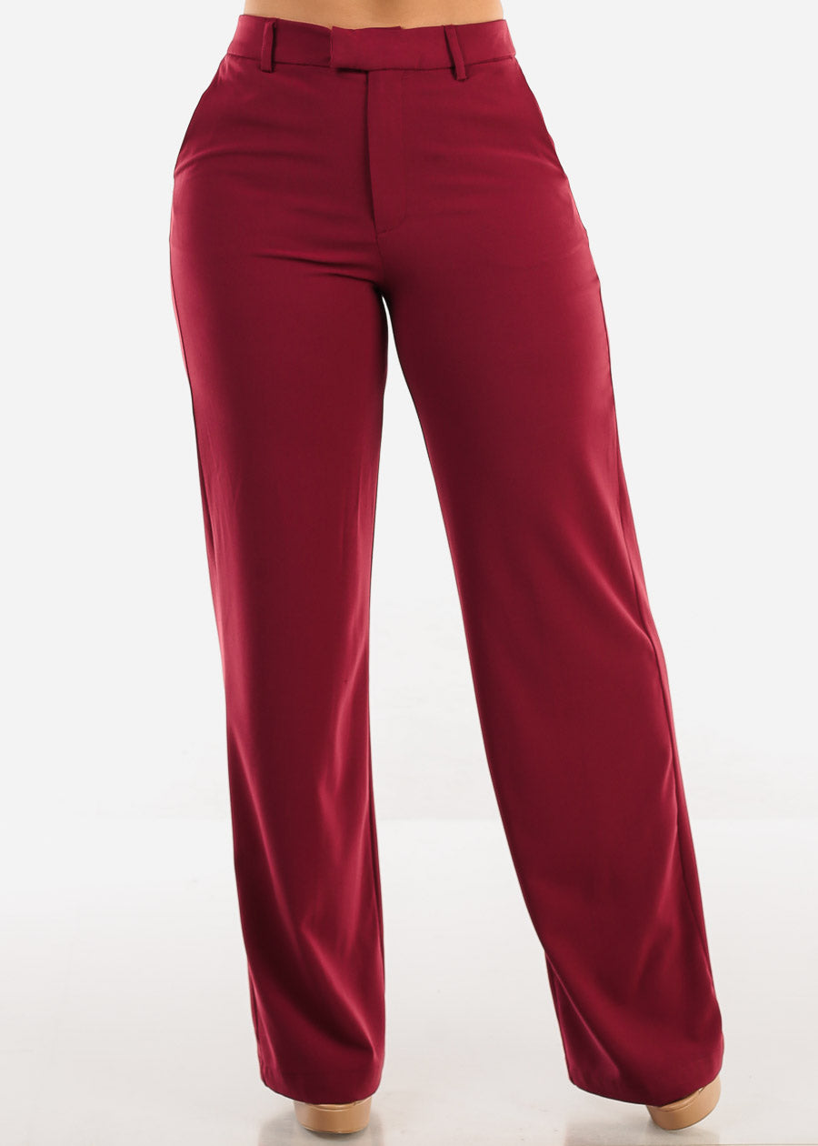 Super High Waist Formal Straight Dress Pants Burgundy