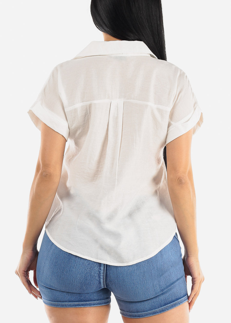 White Short Sleeve Round Hem Collared Blouse w Pockets