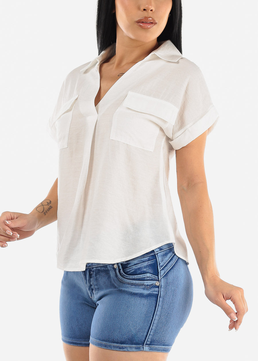 White Short Sleeve Round Hem Collared Blouse w Pockets