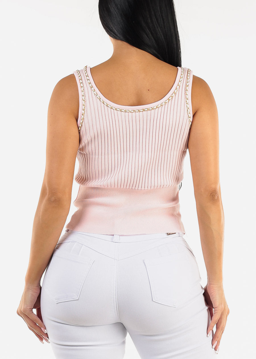 Sleeveless Rib Knit Top Pink w Chain Detail