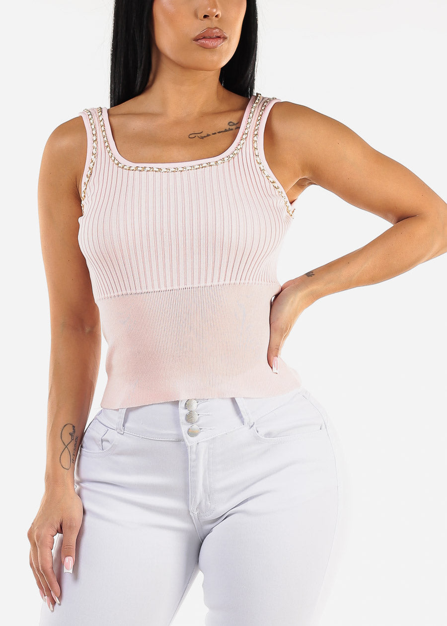 Sleeveless Rib Knit Top Pink w Chain Detail