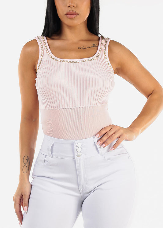 Sleeveless Rib Knit Top Pink w Chain Detail