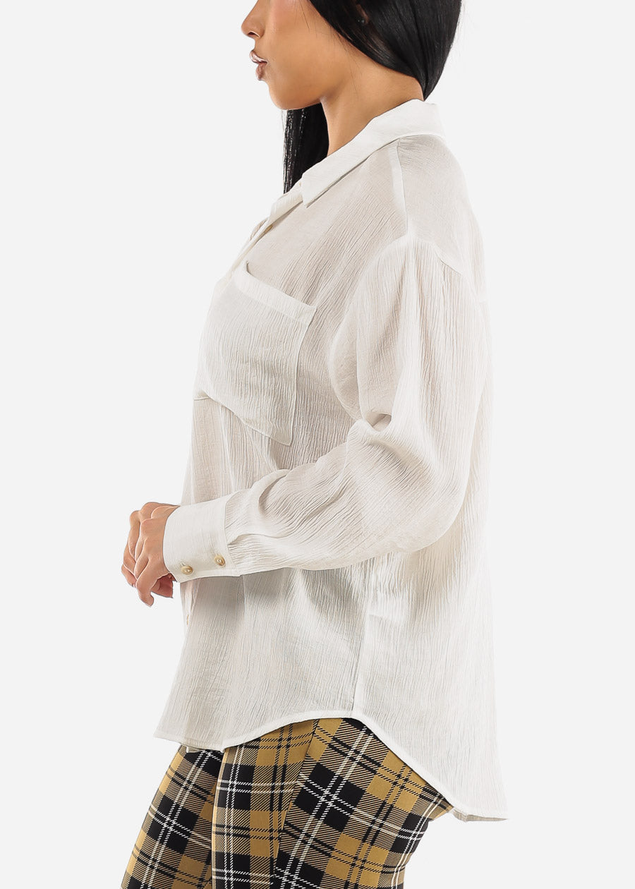 White Long Sleeve Textured Button Down Shirt