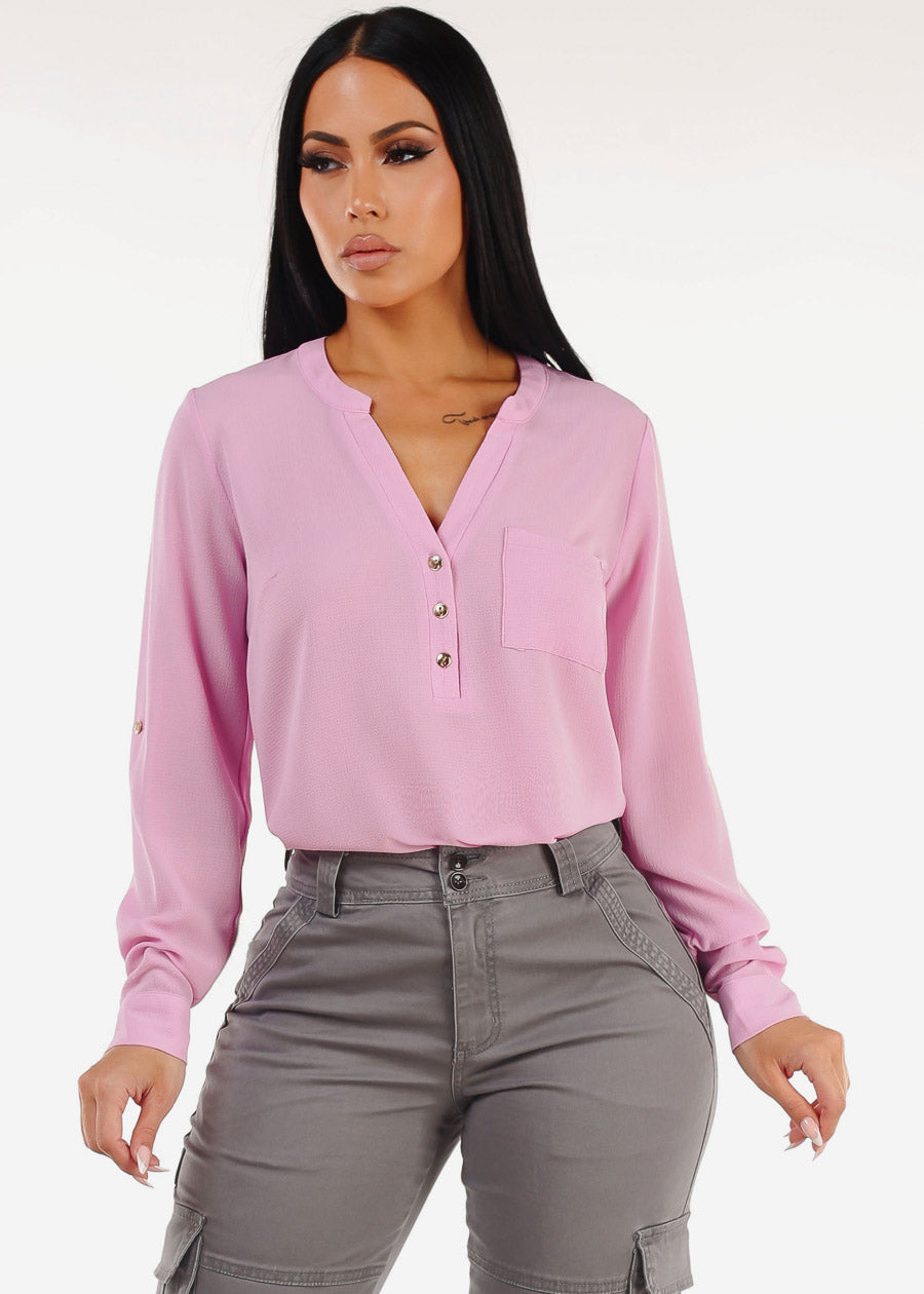 Long Sleeve Blouse Pink w Front Half Placket