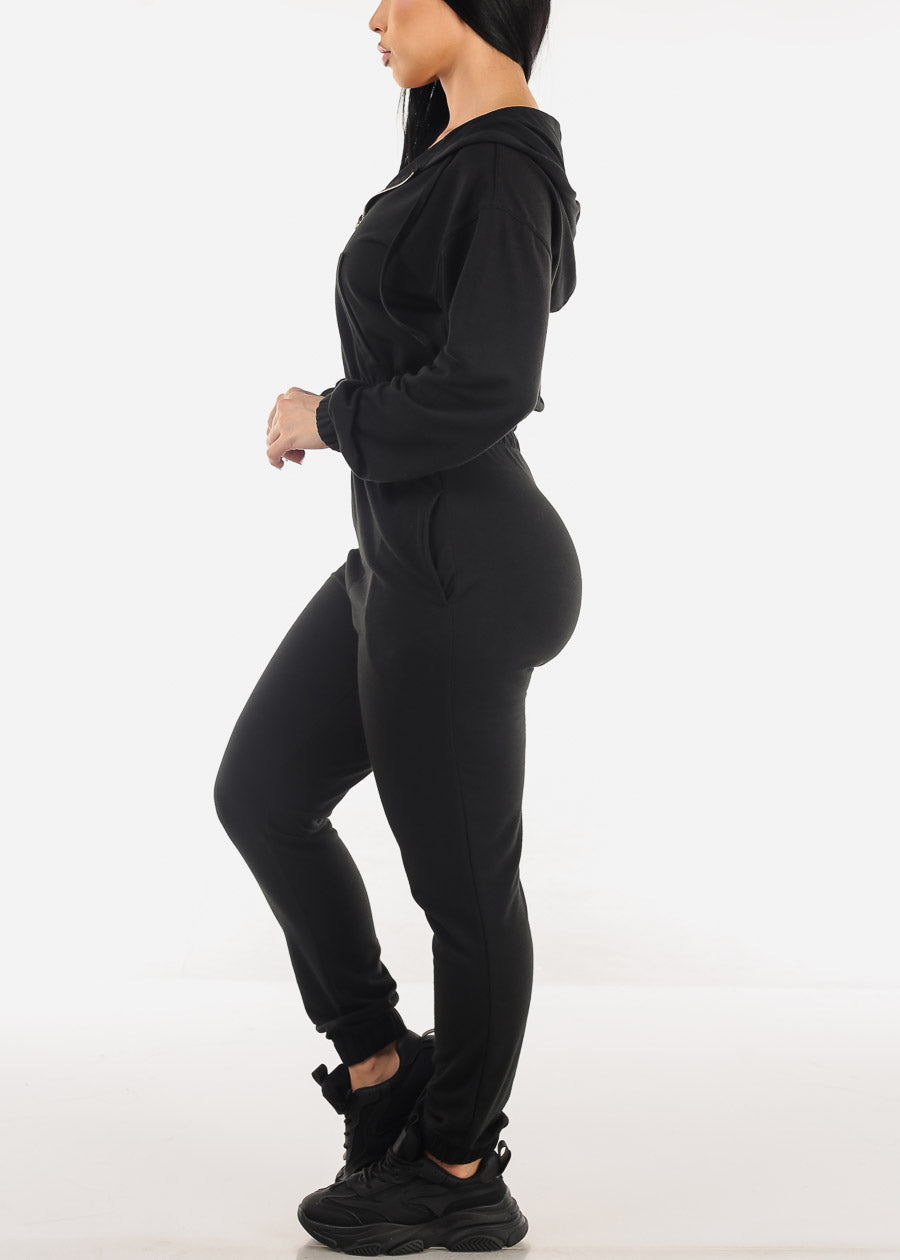 Black Cropped Zip Up Hoodie & Jogger Pants (2 PCE SET)