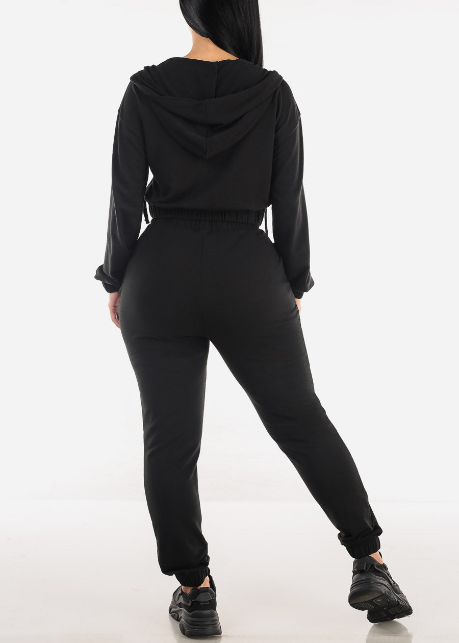 Black Cropped Zip Up Hoodie & Jogger Pants (2 PCE SET)