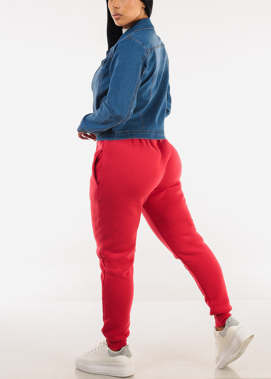 Red Fleece Drawstring Joggers w Pockets