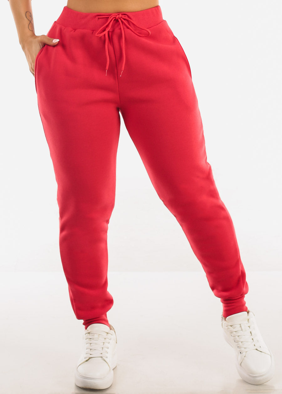 Red Fleece Drawstring Joggers w Pockets