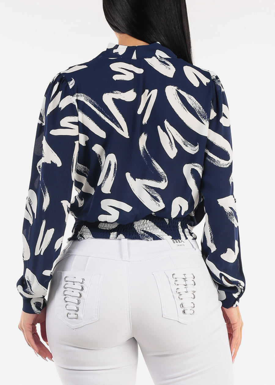 Long Sleeve Surplice Printed Chiffon Blouse Navy