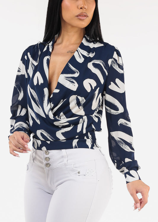 Long Sleeve Surplice Printed Chiffon Blouse Navy