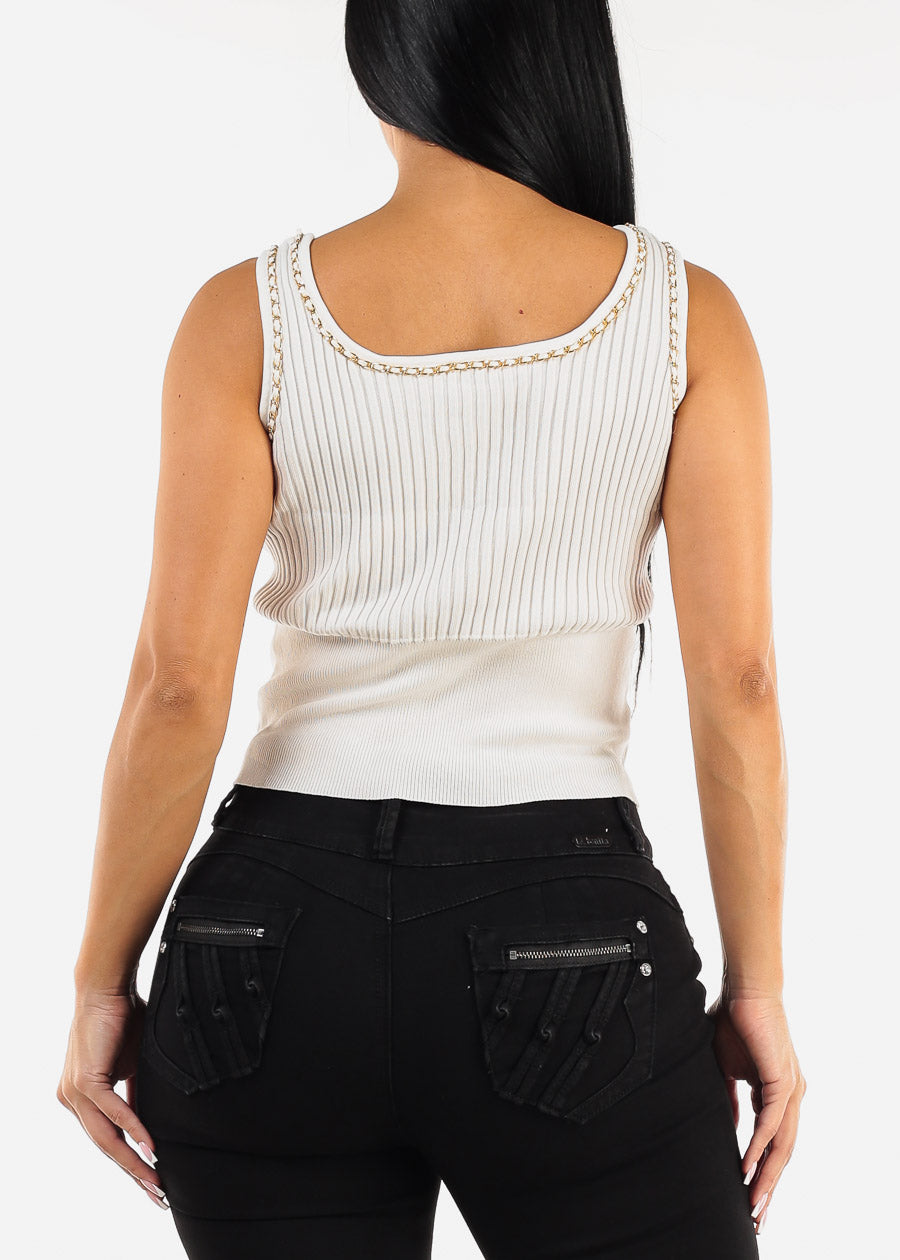 Sleeveless Rib Knit Top White w Chain Detail