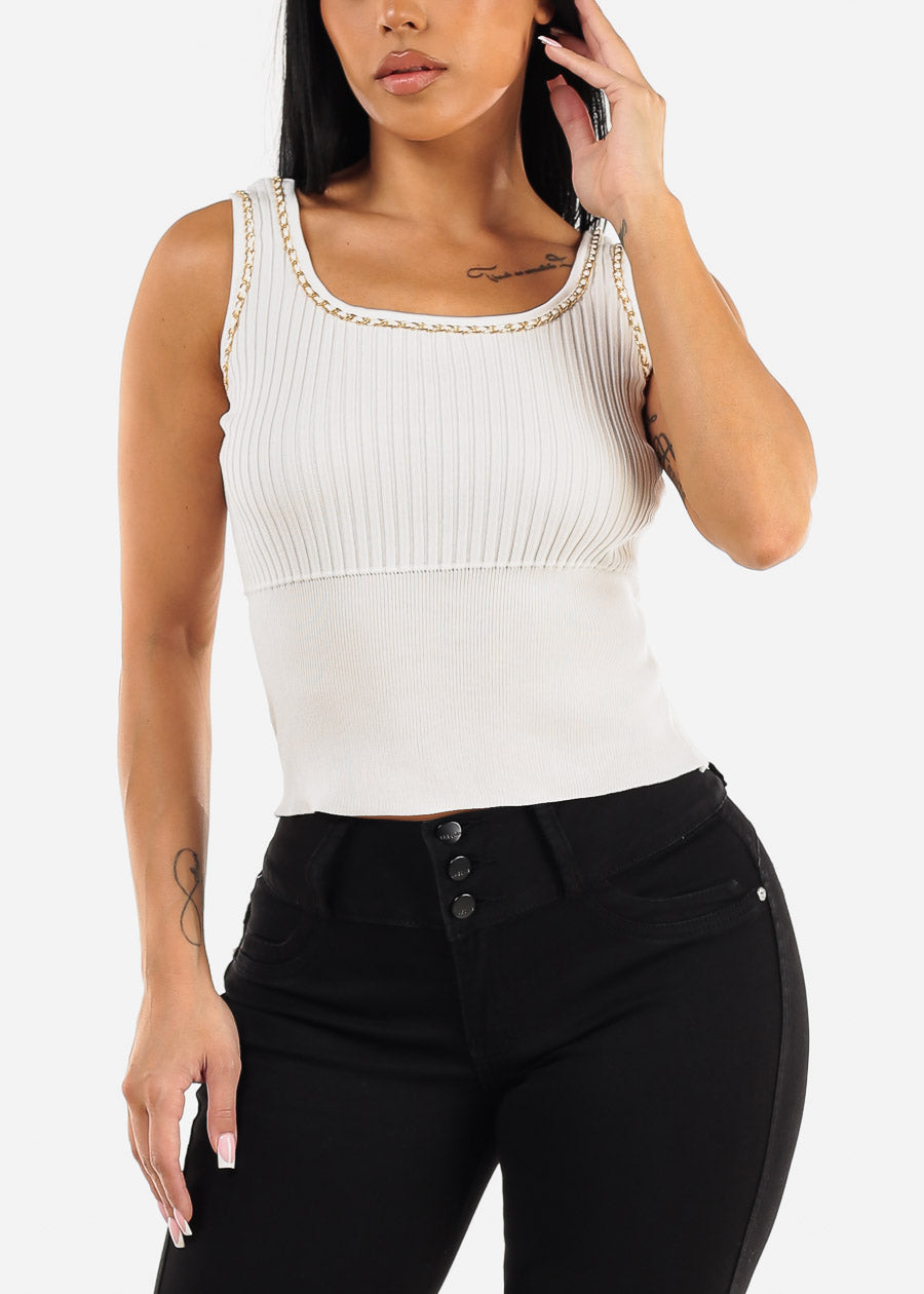 Sleeveless Rib Knit Top White w Chain Detail