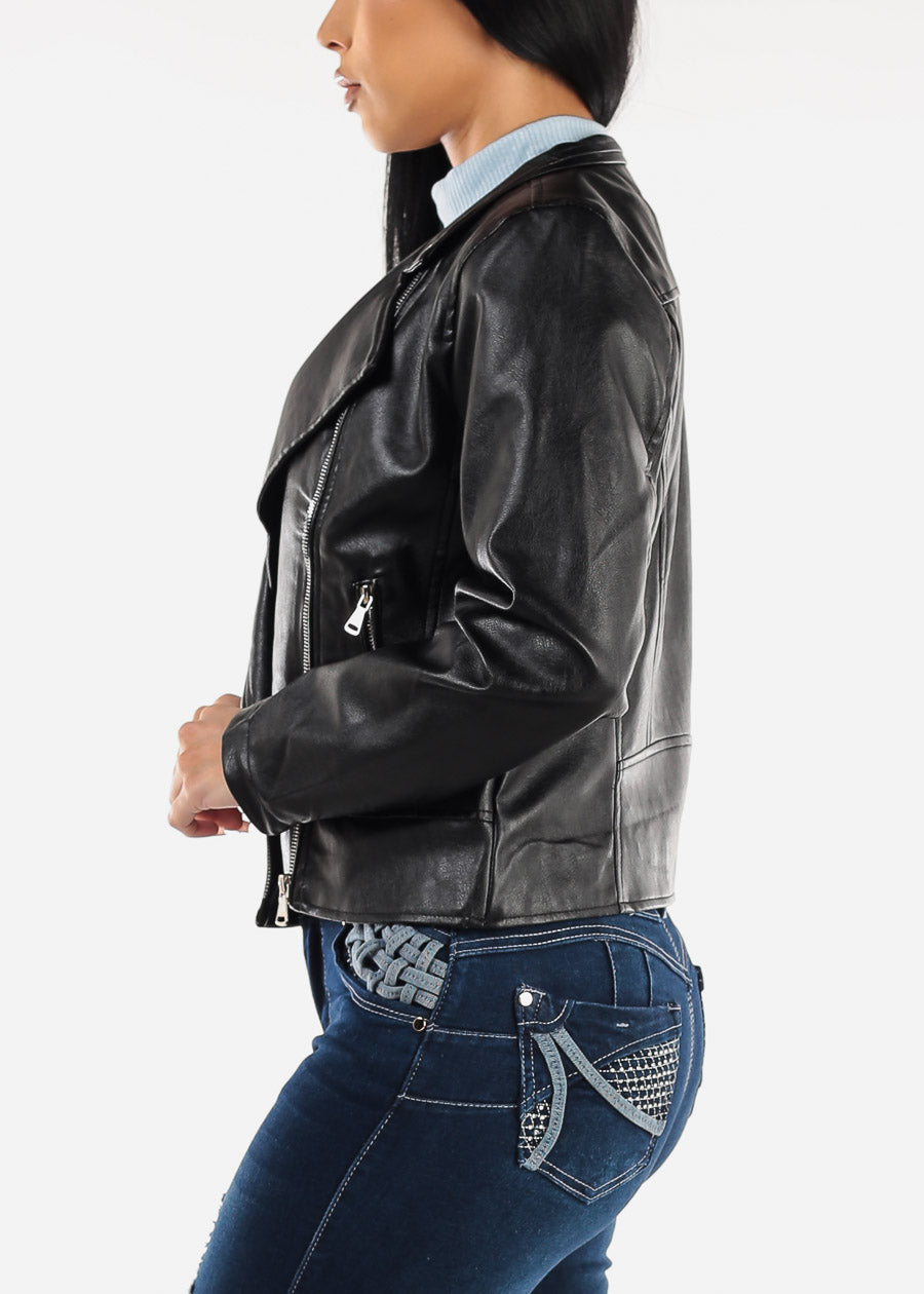 Black Vegan Leather Zip Up Moto Jacket