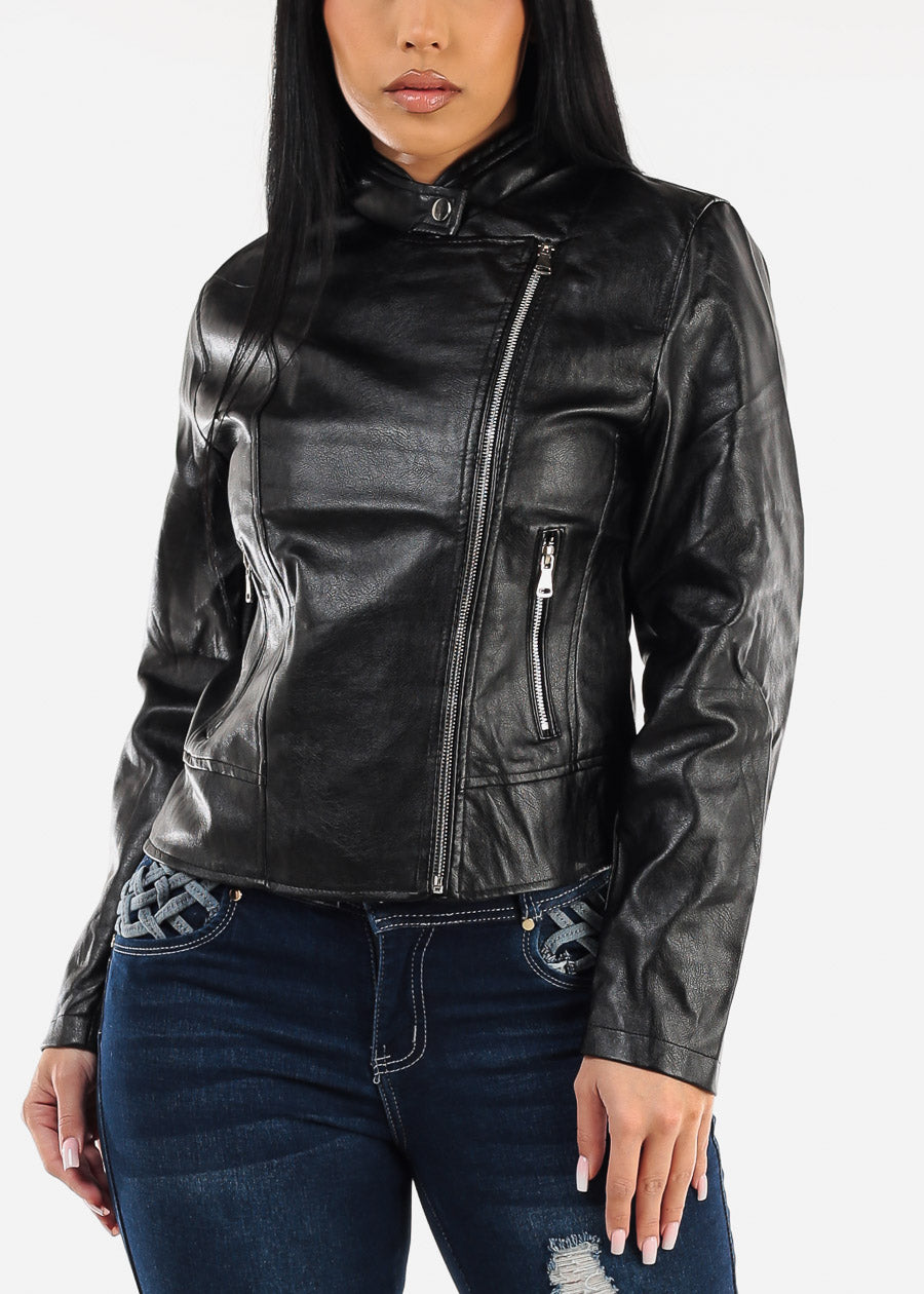 Black Vegan Leather Zip Up Moto Jacket